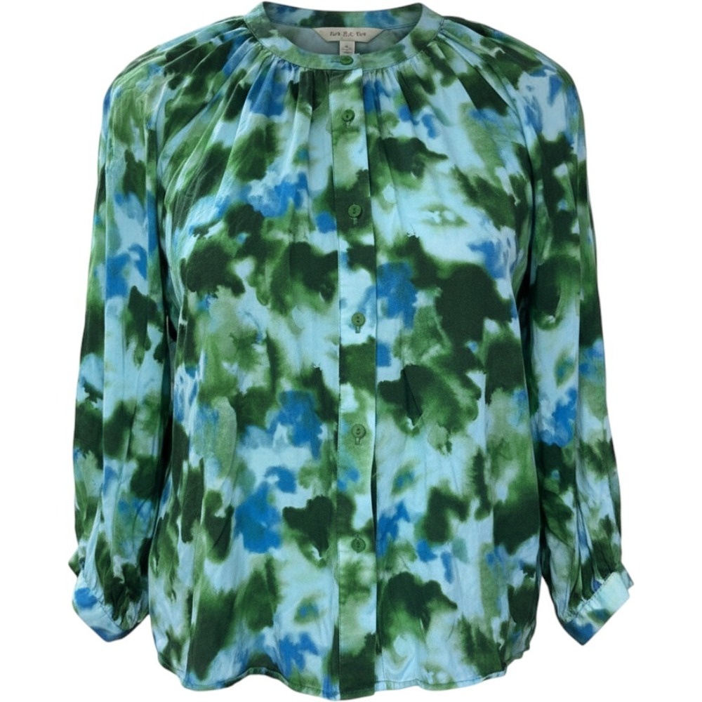 Tuckernuck 1X Button Up Blouse Green Blue Abstract Print Tencel Lightweight Plus